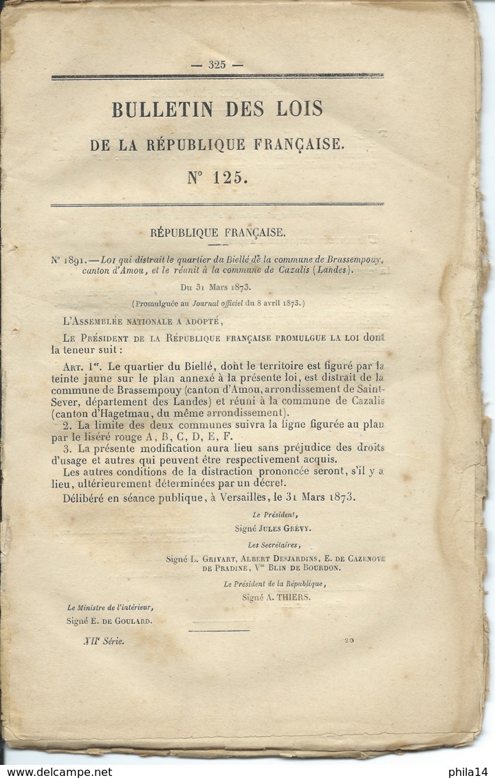 BULLETIN DES LOIS DE LA REPUBLIQUE FRANCAISE N°125 / 1873 / 55 PAGES - Décrets & Lois