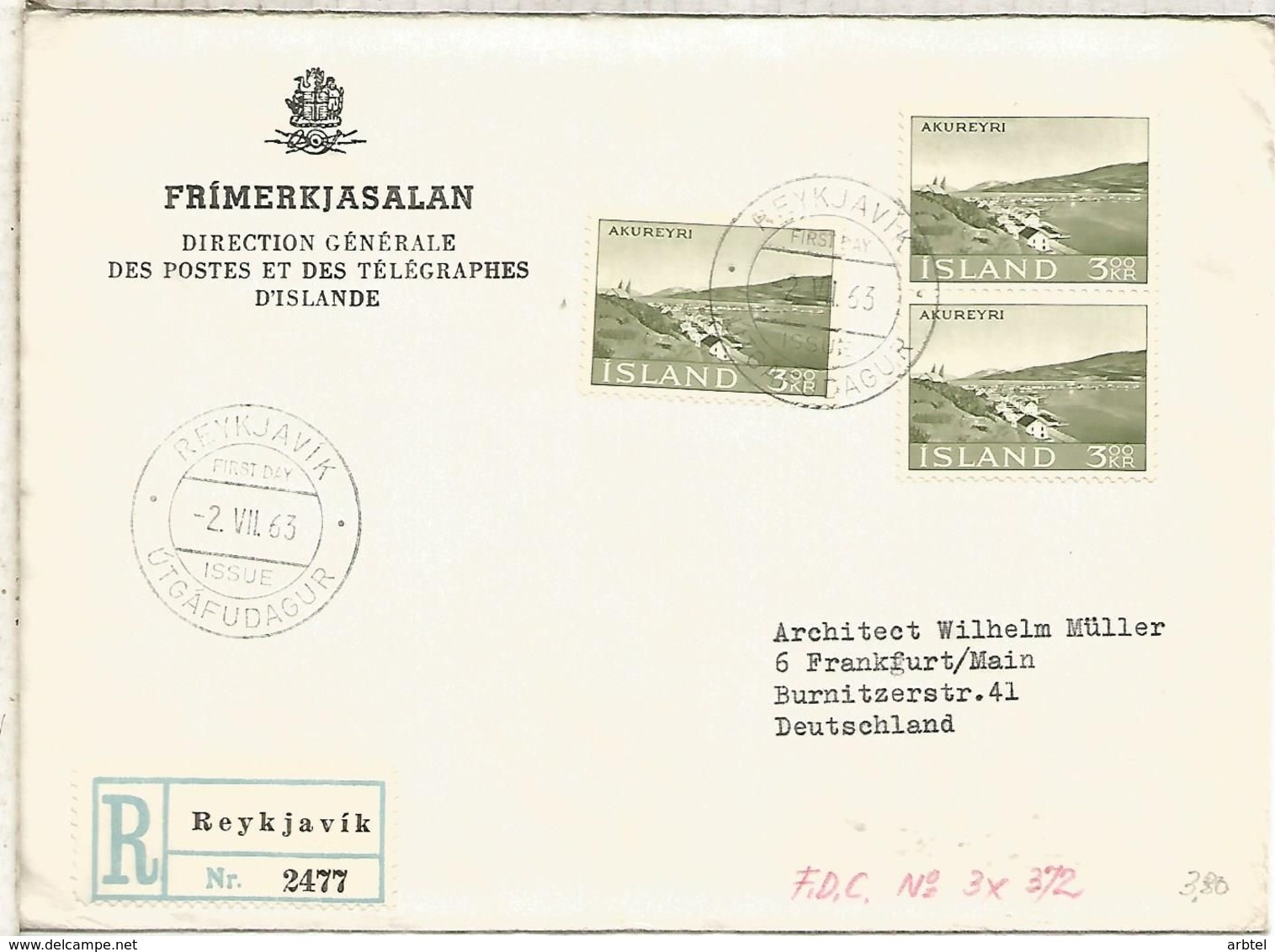 ISLANDIA ISLAND ICELAND CC CERTIFICADA VILLA DE AKUREYRI - Briefe U. Dokumente