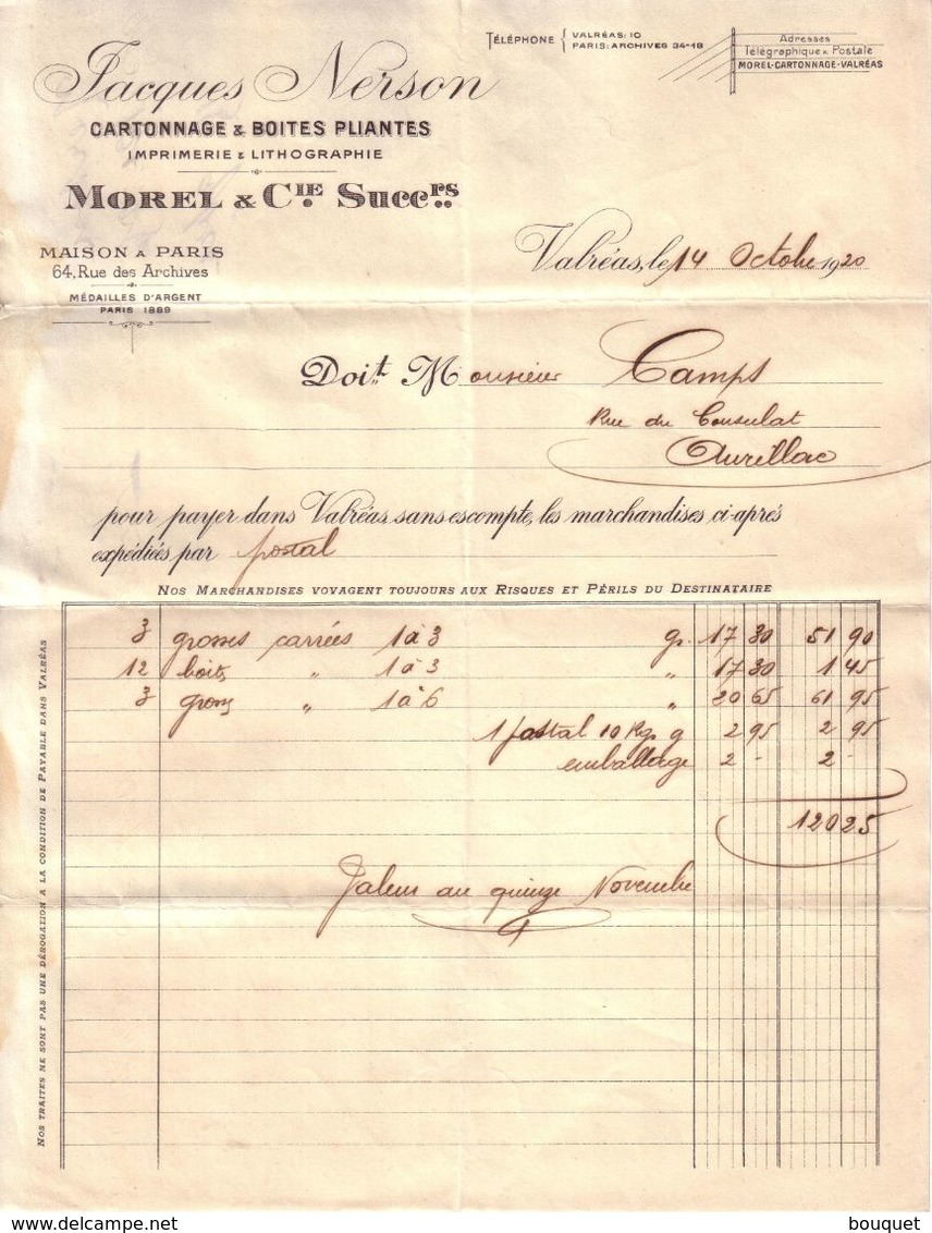 VAUCLUSE - VALREAS - CARTONNAGES - IMPRIMERIE - LITHOGRAPHIE - JACQUES NERSON , MOREL & CIE SUCCRS - 1920 - Imprimerie & Papeterie
