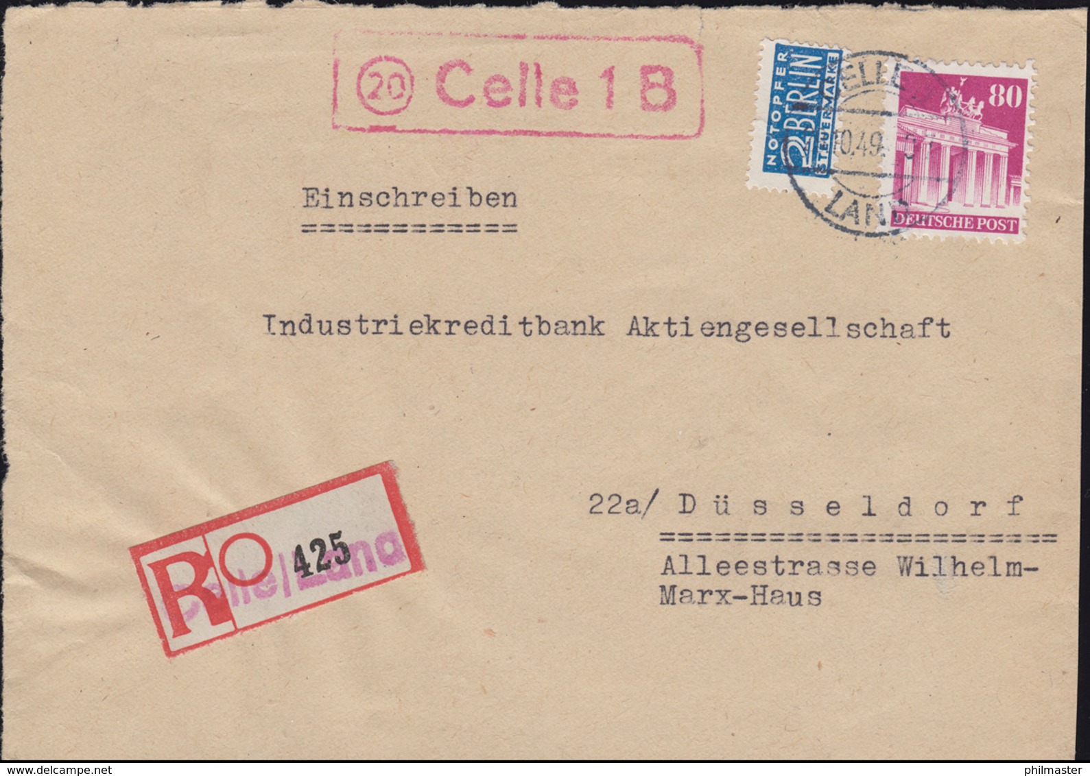 Landpost 20 Celle 1 B Mit Not-R-Zettel CELLE LAND 29.10.49, Briefvorderseite - Other & Unclassified