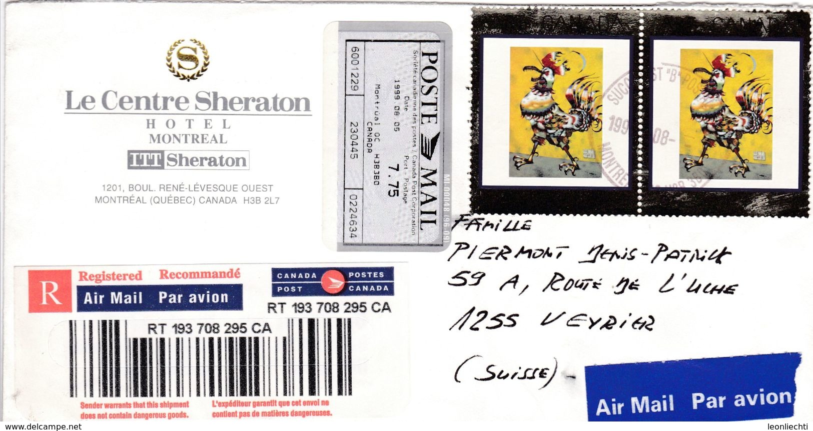 Kanada 1999 Air Mail , Par Avion Registred. Le Centre Sheraton Hotel Montral - Airmail