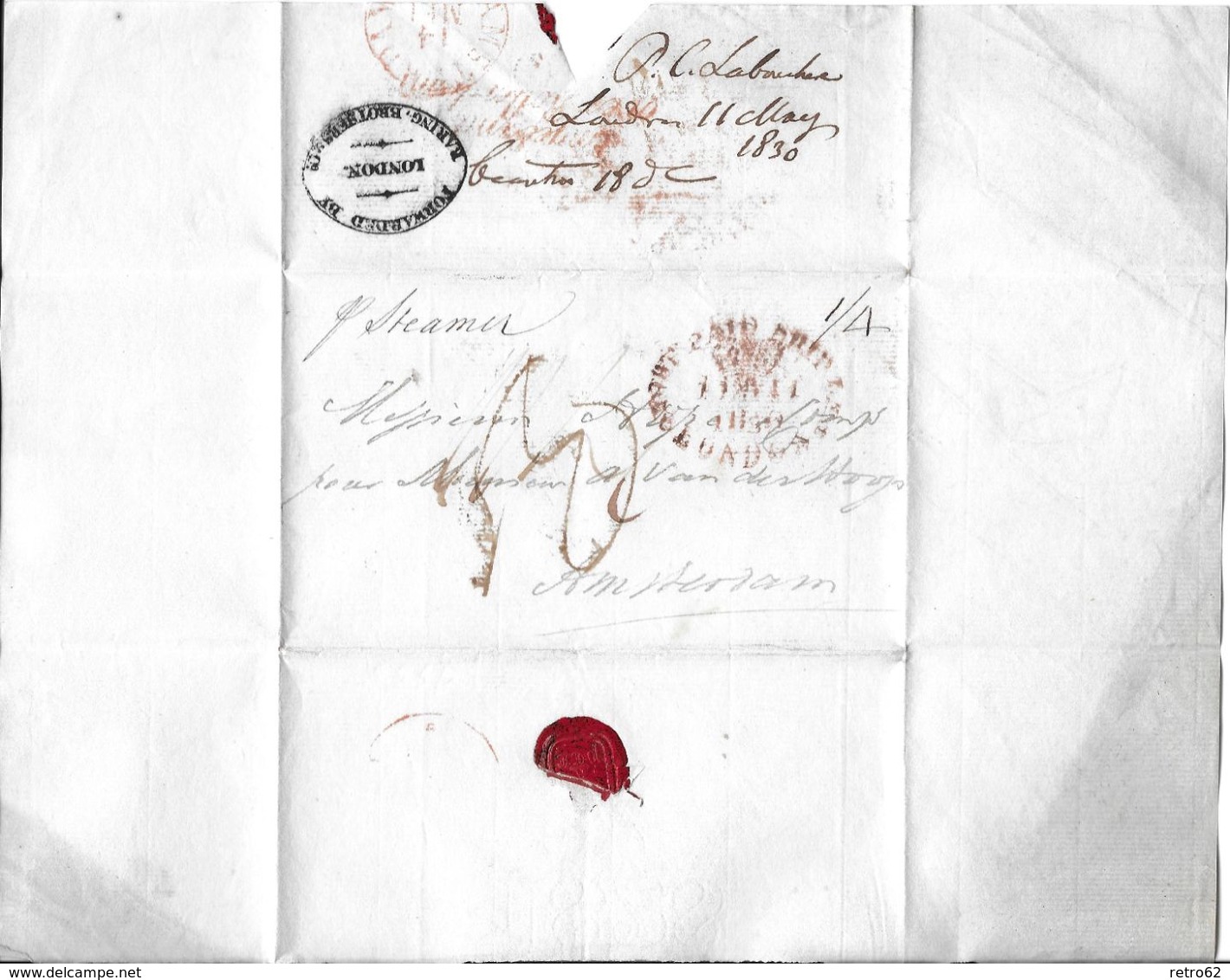 1830 Forwarded  → Brief London Nach Amsterdam Durch FA Stempel "Baring Brothers & Co" Zus. Ship Letter Von London  ►RAR◄ - ...-1840 Préphilatélie