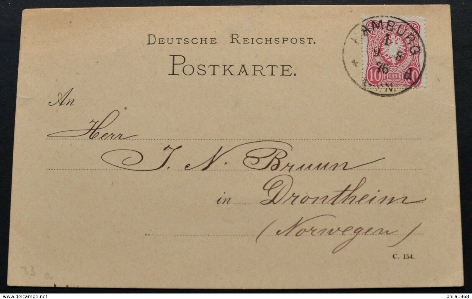 DR Nr.33 Auslandskarte Sauberer K1 HAMBURG 1. Vom 9.8.1876 Nach Norwegen (rh20) - Briefe U. Dokumente