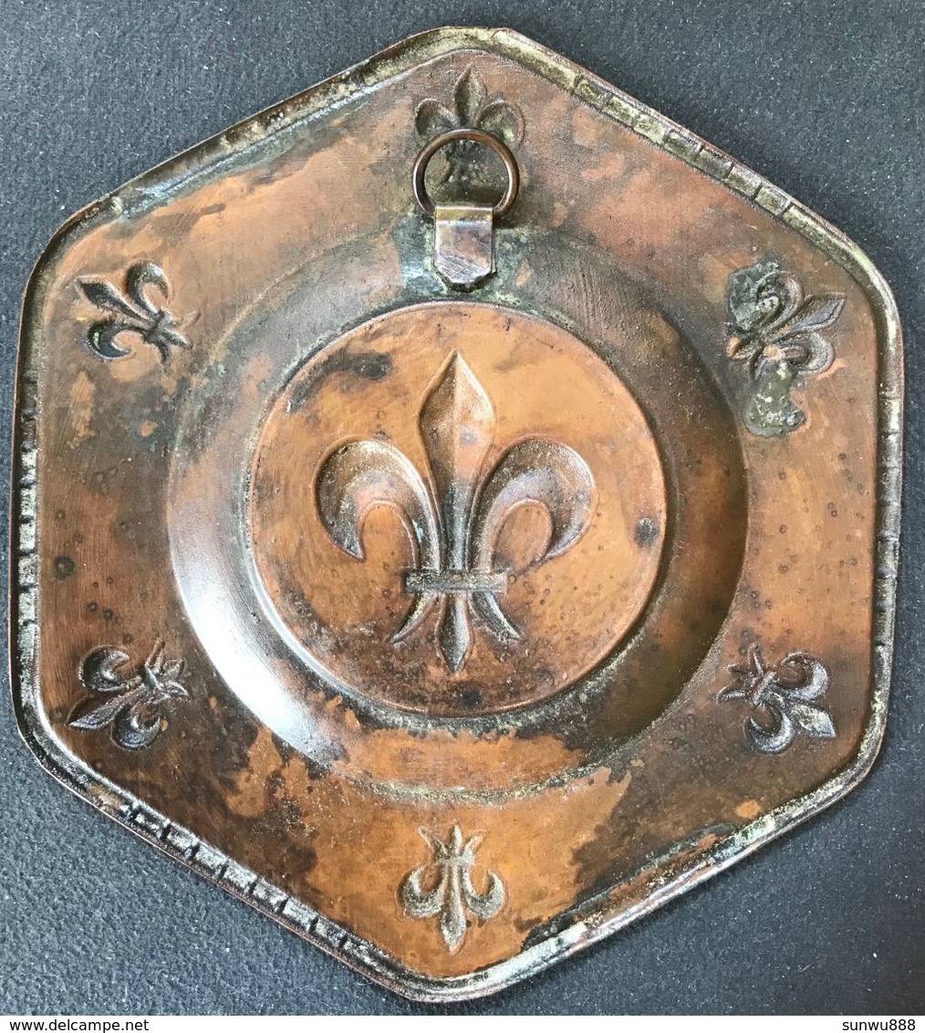 Petit Plat Enseigne Scout Scoutisme Cuivre Bronze Avec Attache Pour Enseigne Local Fleur De Lys 16 X 14,5 X 1 Cm - Scouting