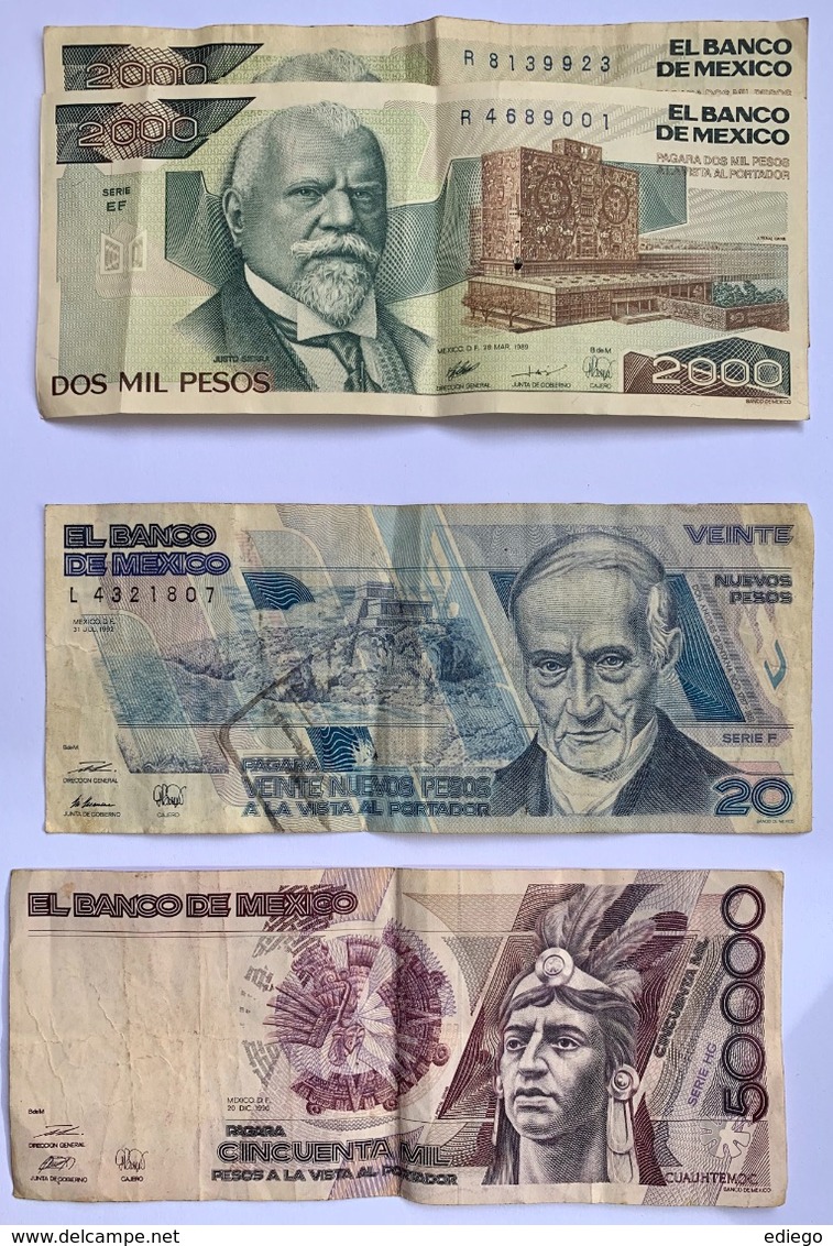 6 BILLETS MEXIQUE: 10-20-50-2000-50000 PESOS - Mexiko