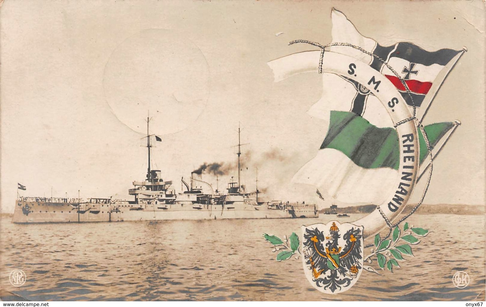 Carte Postale Photo Militaire Allemand BATEAU GUERRE-DRAPEAU-SCHIFFE-S.M.S RHEINLAND-Stempfel-Kaiser Marine-Schiffspost - Oorlog