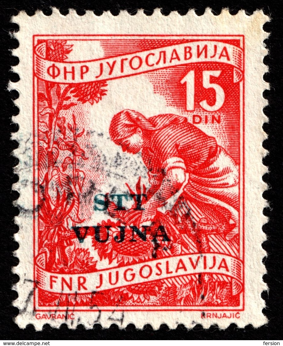 1953 TRIESTE B STT VUJNA Yugoslavia Overprint INDUSTRY Harvester Sunflower - Mi. 92 - Postmark KOPER Capodistra - Used