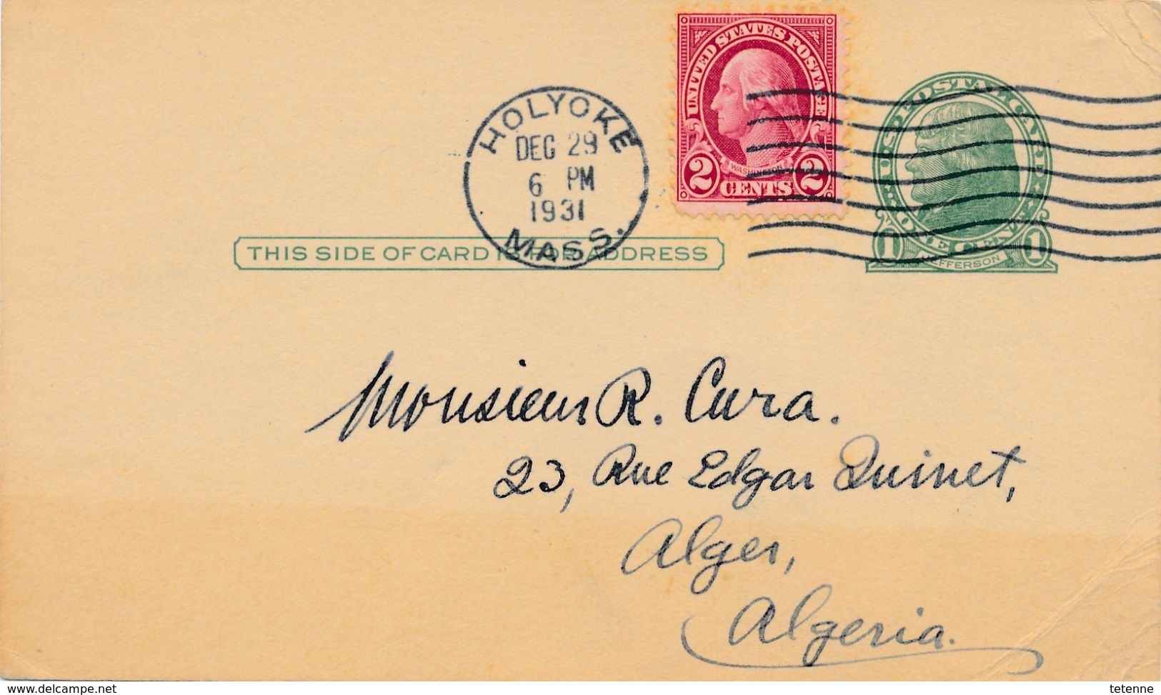 Entier Postal U.S.A OLYOKE MASSACHUSETTS Pour ALGER ALGERIE 29 DEC 1931 - Altri & Non Classificati