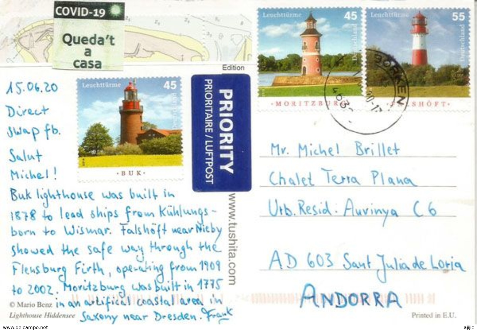 HIDDENSEE LIGHTHOUSE GERMANY, To ANDORRA,with Local Prevention Label COVID19 / QUEDA'T A CASA / STAY HOME.15/04/20 - Hiddensee