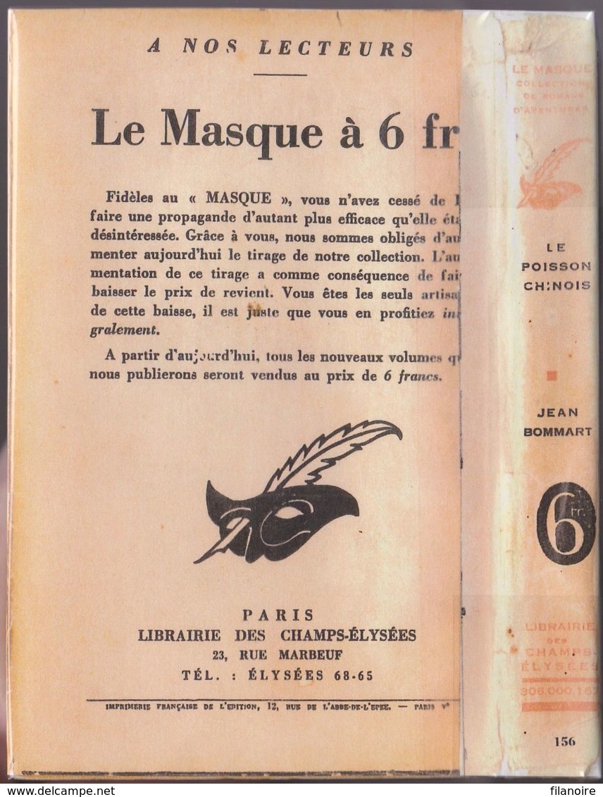 Jean BOMMART Le Poisson Chinois Le Masque N°156 (EO, 1934) Bon Correct, Attention La Jaquette Est Une Mauvaise Photocopi - Le Masque