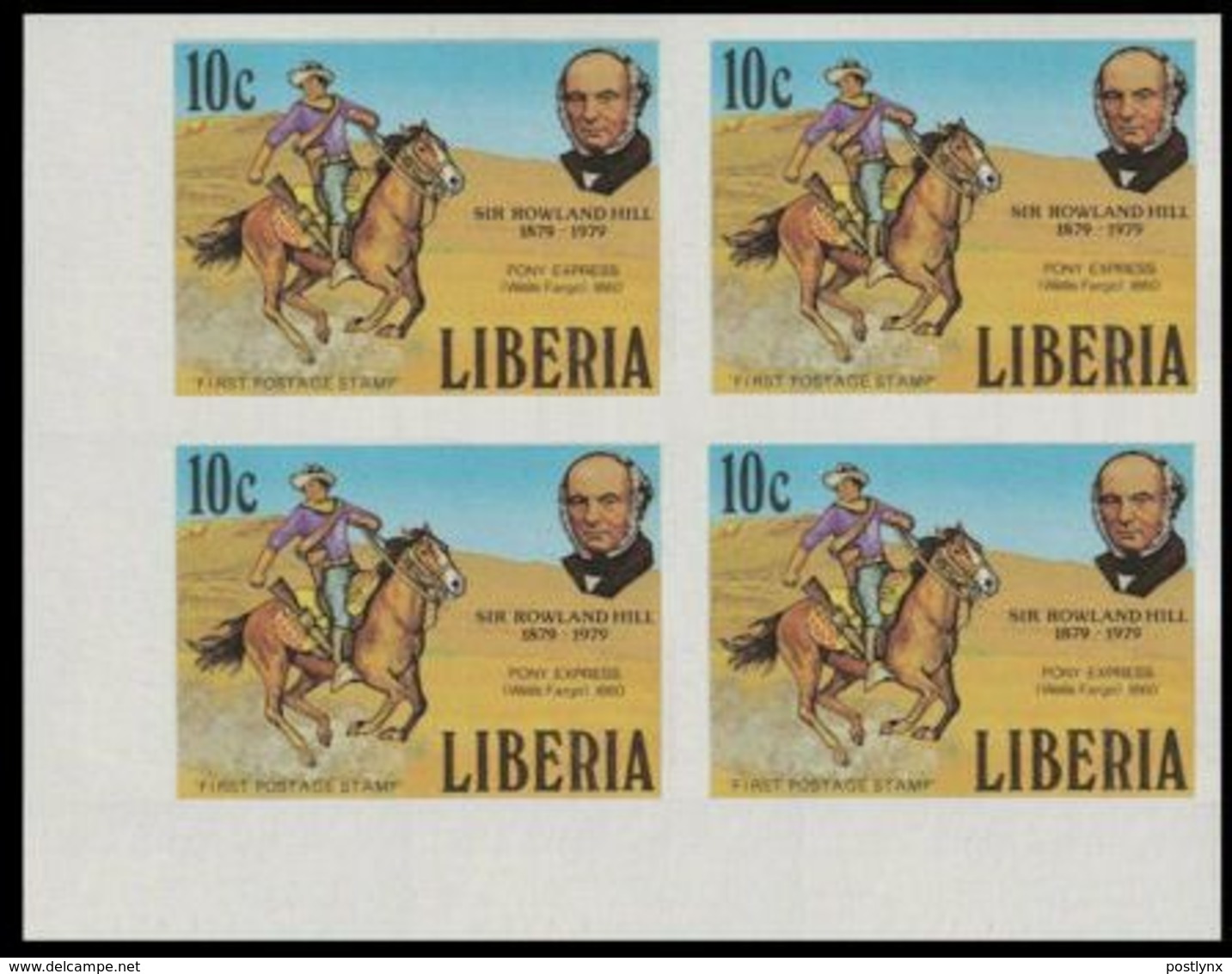 LIBERIA 1979 Rowland Hill Pony Express Horse Rifle 10c CORNER IMPERF.4-BLOCK  USA-related - Shooting (Weapons)