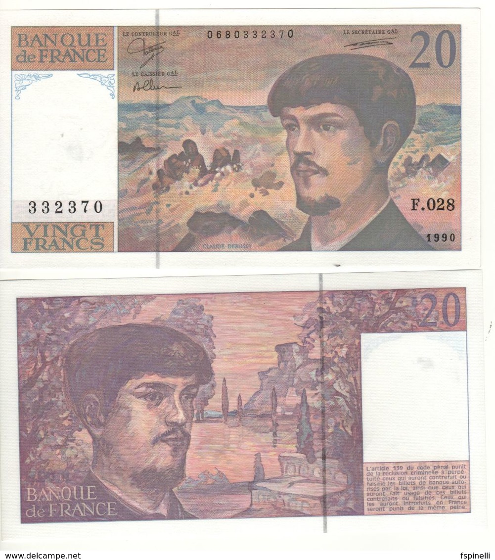 FRANCE  20 Francs  P151d   Claude Debussy    Dated  1990    UNC - 20 F 1980-1997 ''Debussy''