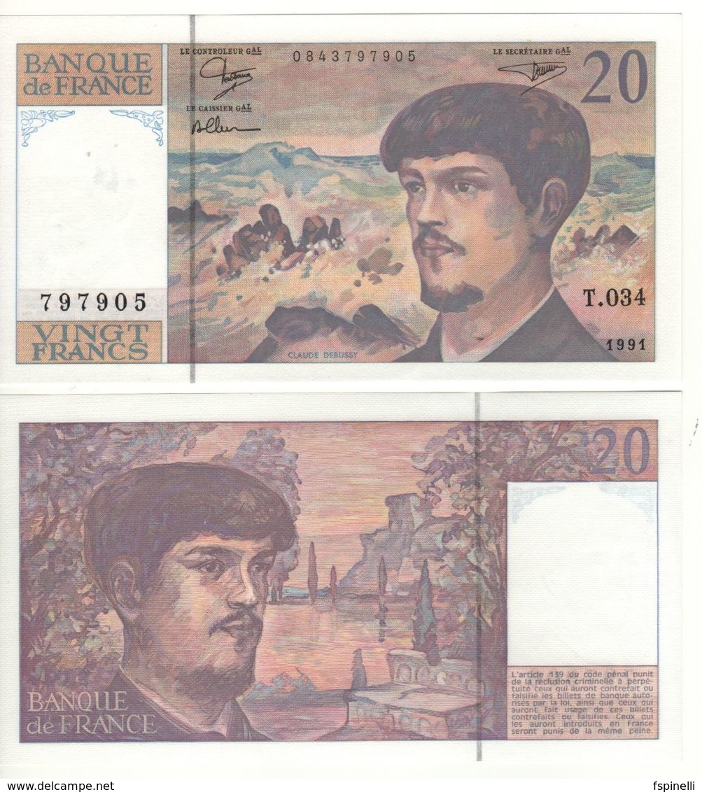 FRANCE  20 Francs  P151e   Claude Debussy    Dated  1991    UNC - 20 F 1980-1997 ''Debussy''