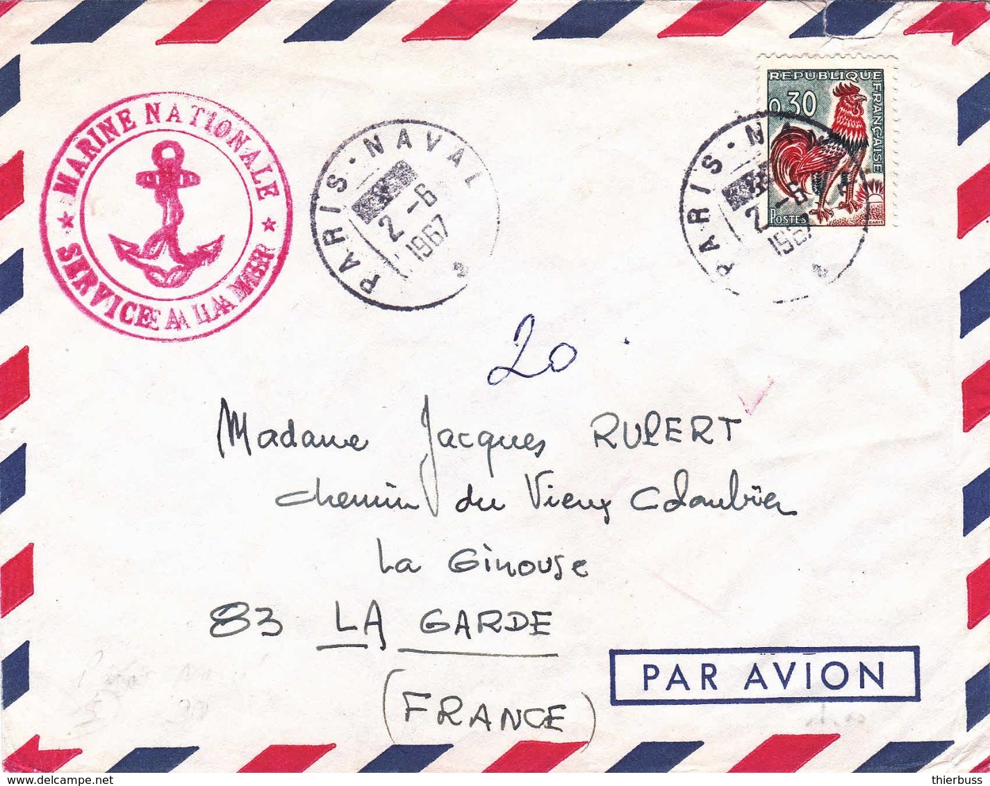 Coq 0.30f Lettre Marine Natonale Service à La Mer Paris Naval 1967 - 1962-1965 Hahn (Decaris)