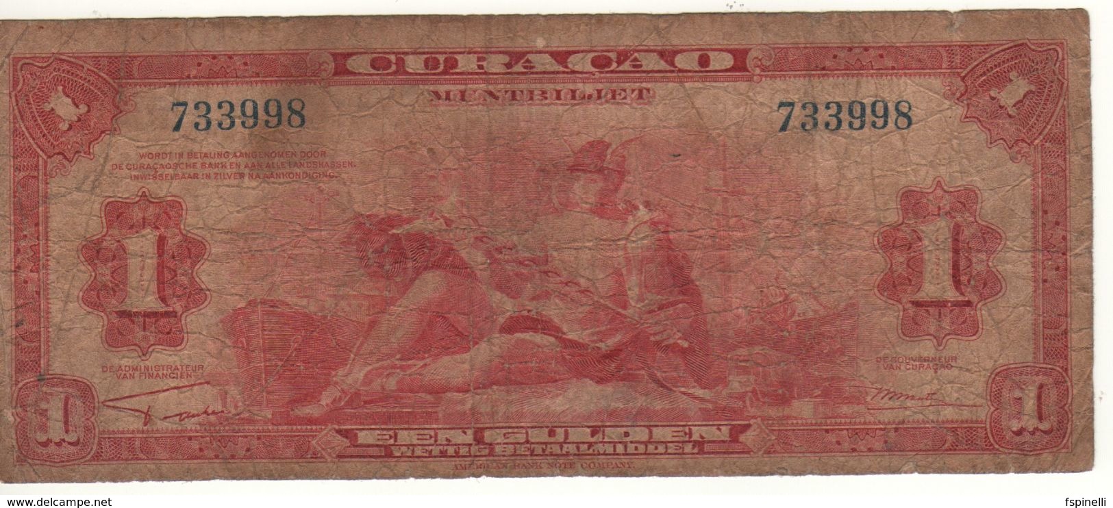 CURACAO' (Netherlands Antilles)  1 Gulden      P-35a    Dated  1942   * WWII * - Netherlands Antilles (...-1986)