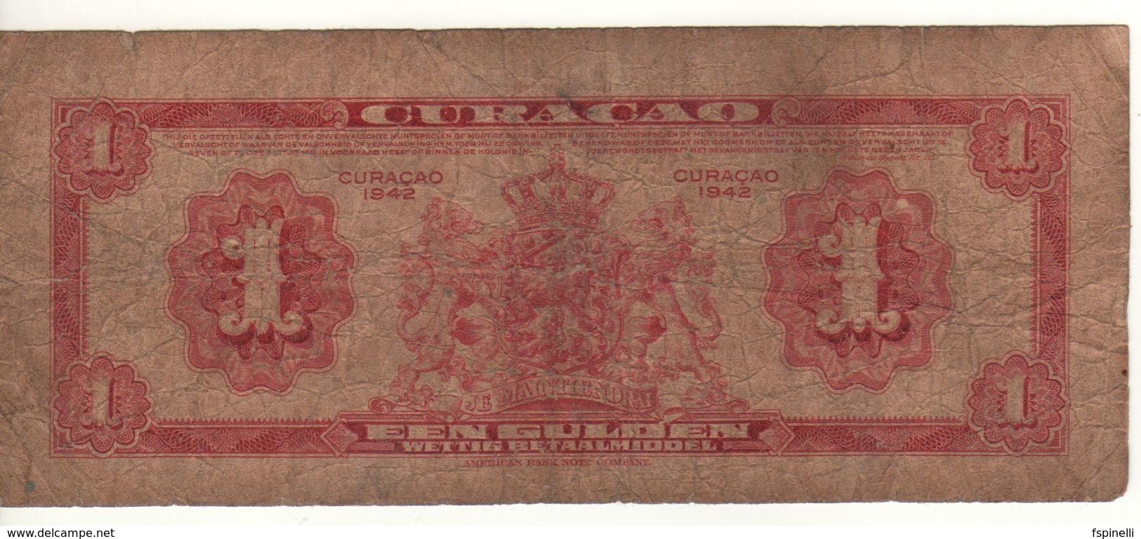 CURACAO' (Netherlands Antilles)  1 Gulden      P-35a    Dated  1942   * WWII * - Netherlands Antilles (...-1986)