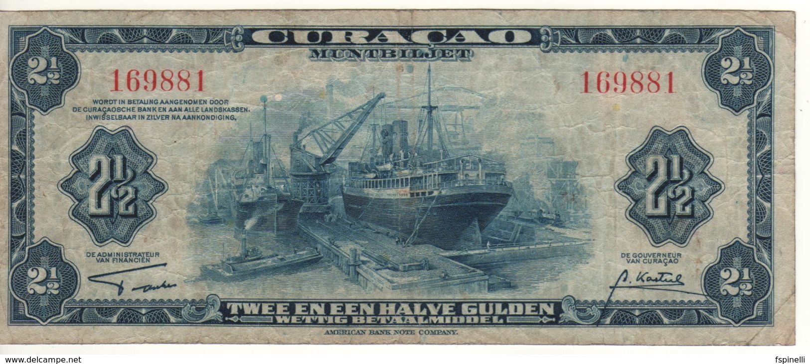 CURACAO' (Netherlands Antilles)  2,50 Gulden      P-36    Dated  1942    - WWII- - Antilles Néerlandaises (...-1986)