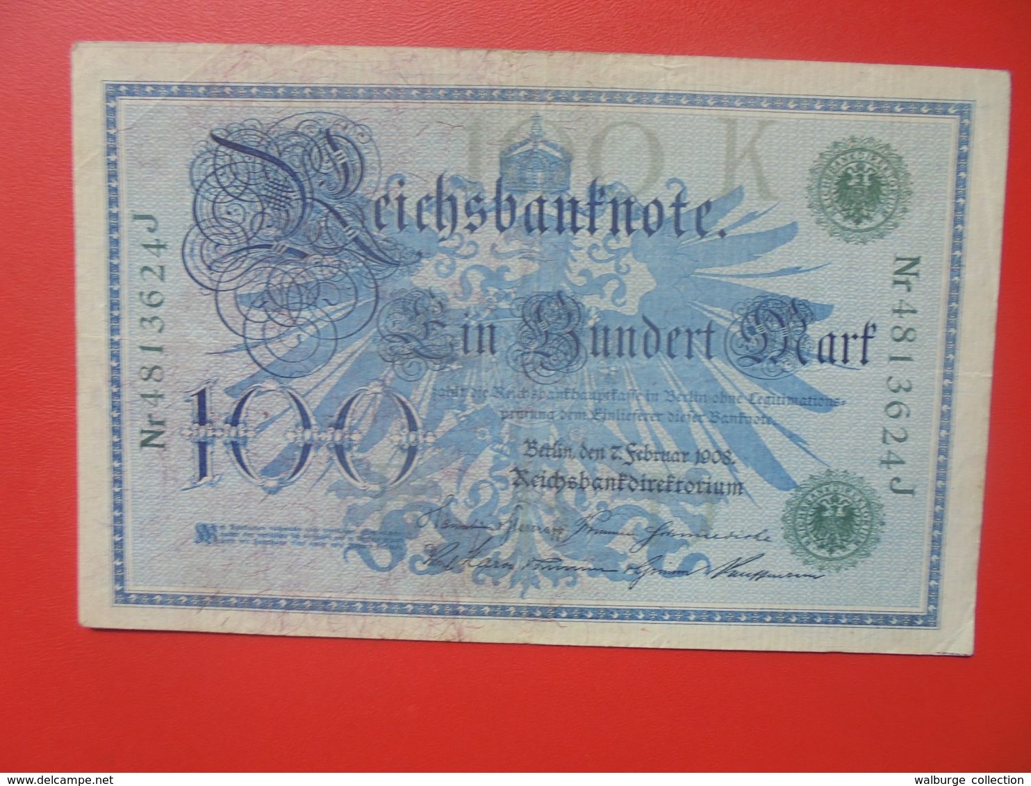 Reichsbanknote 100 MARK 1908 SIGLE VERT CIRCULER (B.14) - 100 Mark