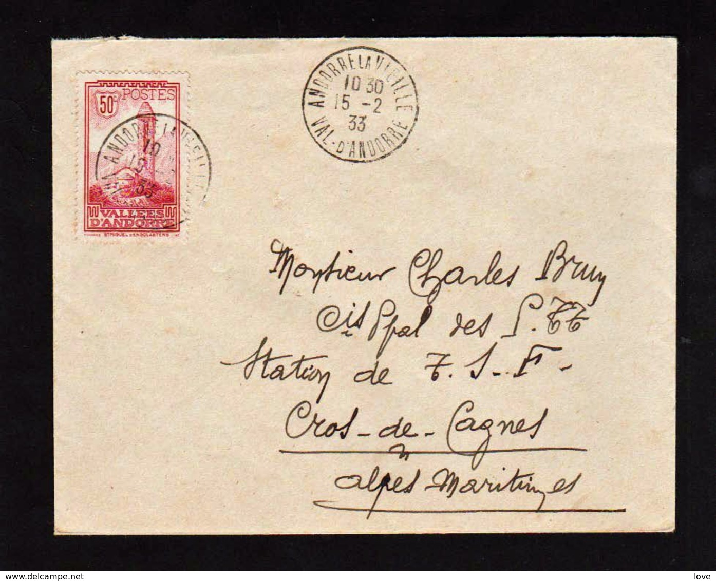 ANDORRE: Timbre N° 35 Obl. Andorre La Vieille En 1933, Seul Sur Lettre. Au Verso Cachet Bleu: Bureau Français....... - Storia Postale