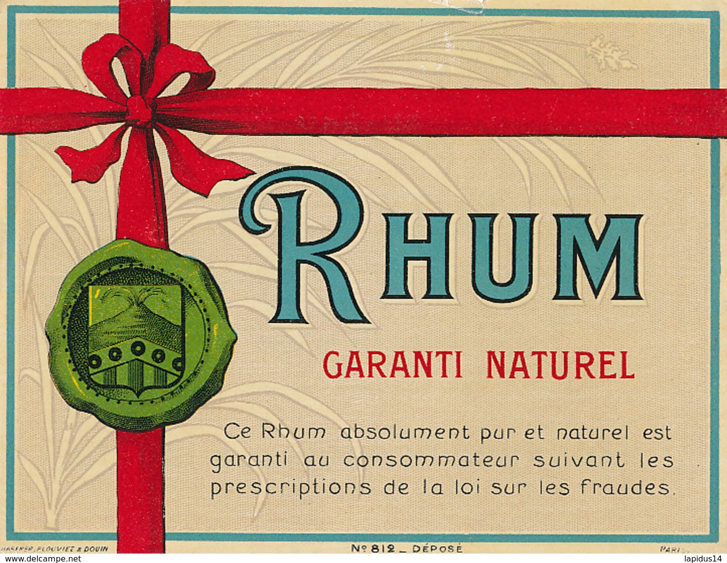 1213 / ETIQUETTE -   RHUM    -GARANTI NATUREL N° 812 - Rhum