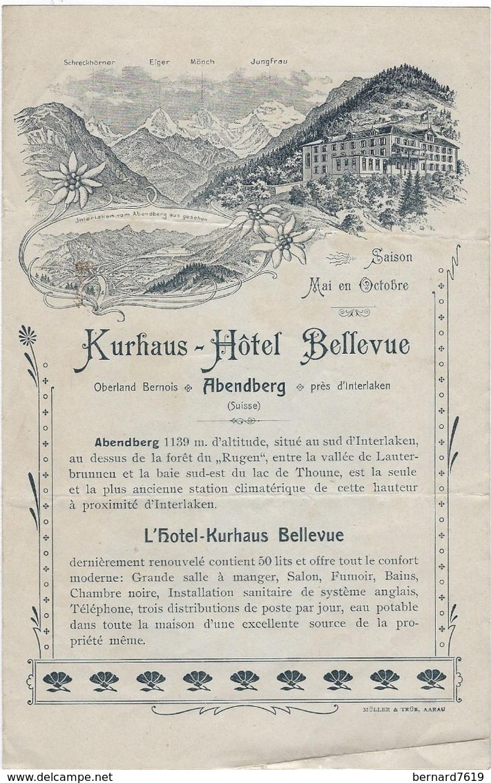 Document Commercial Publicite  Suisse  Abendberg  Pres D'interlaken  Kurrhaus -hotel Bellevue - Suisse