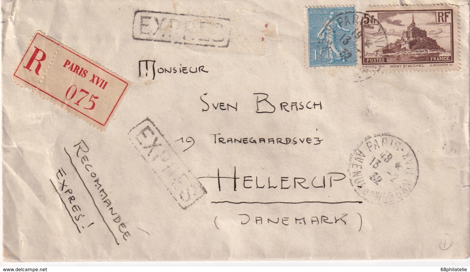 FRANCE 1932 LETTRE RECOMMANDEE DE PARIS AVEC CACHET ARRIVEE HELLERUP - 1921-1960: Modern Tijdperk