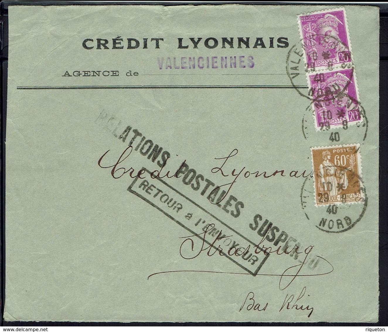 Fr -1940 - Mercures Perforés CL. Sur Env. Du Crédit Lyonnais De Valenciennes - Relations Postales Suspendues - Retour... - Autres & Non Classés