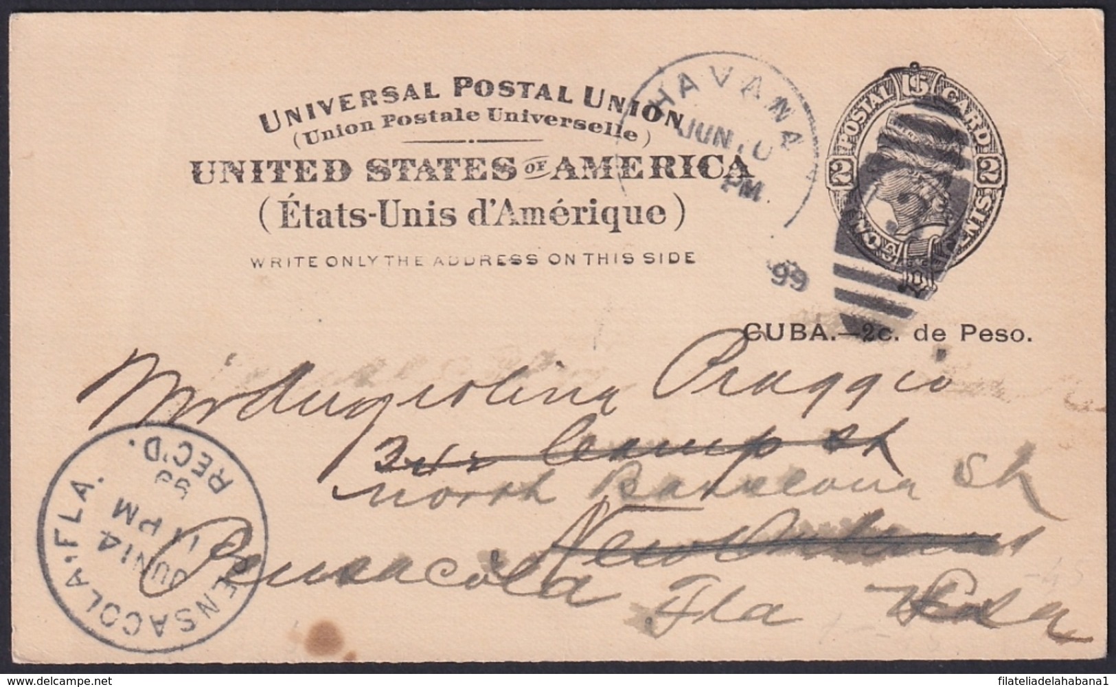 1899-EP-240 CUBA US OCCUPATION 1899 POSTAL STATIONERY 2c USED TO US. - Autres & Non Classés