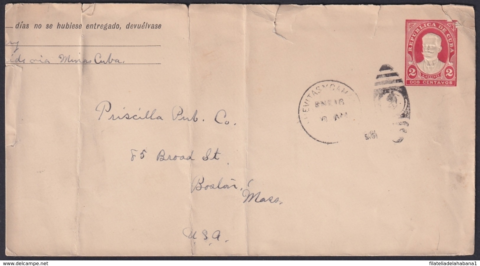 1910-EP-121 CUBA REPUBLICA 1910 POSTAL STATIONERY Ed.89A. 2c SERAFIN SANCHEZ LONG COVER. - Andere & Zonder Classificatie