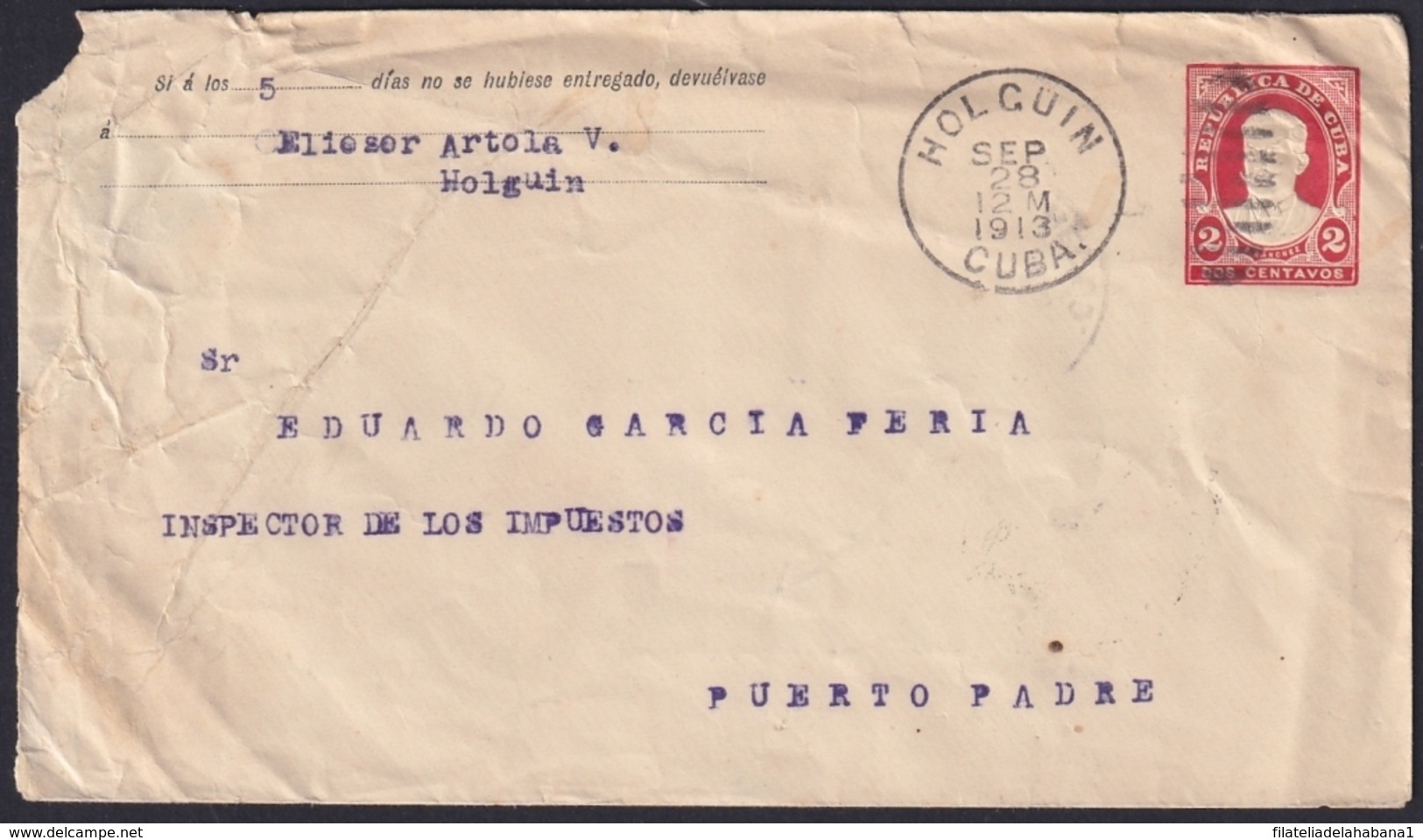 1910-EP-122 CUBA REPUBLICA 1910 POSTAL STATIONERY Ed.89. 2c SERAFIN SANCHEZ 241x106mm. USED HOLGUIN - Autres & Non Classés