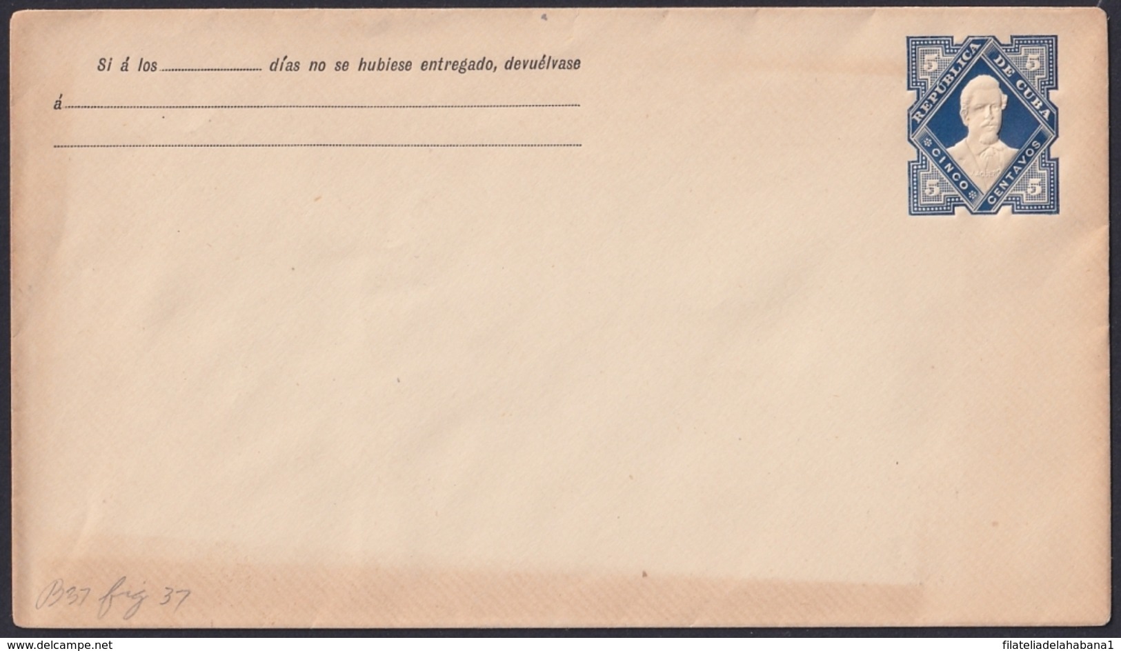 1910-EP-125 CUBA REPUBLICA 1910 POSTAL STATIONERY Ed.87. 5c JOAQUIN AGUERO 175x100mm. UNUSED. - Otros & Sin Clasificación