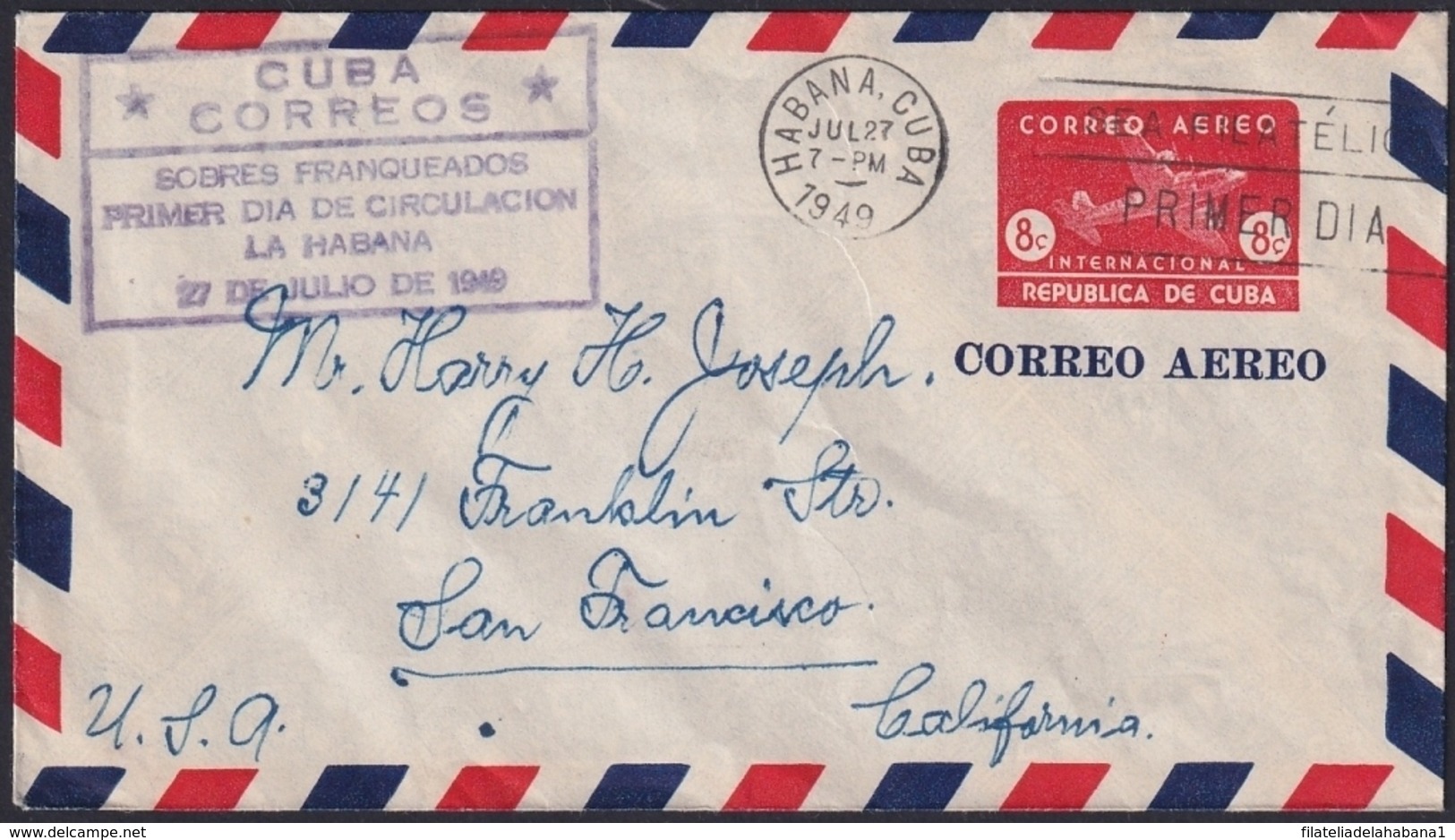 1949-EP-164 CUBA REPUBLICA 1949 POSTAL STATIONERY Ed.98. 2c SUPERCONSTELLATION AVION AIR MAIL. FDC VIOLET CANCEL - Sonstige & Ohne Zuordnung