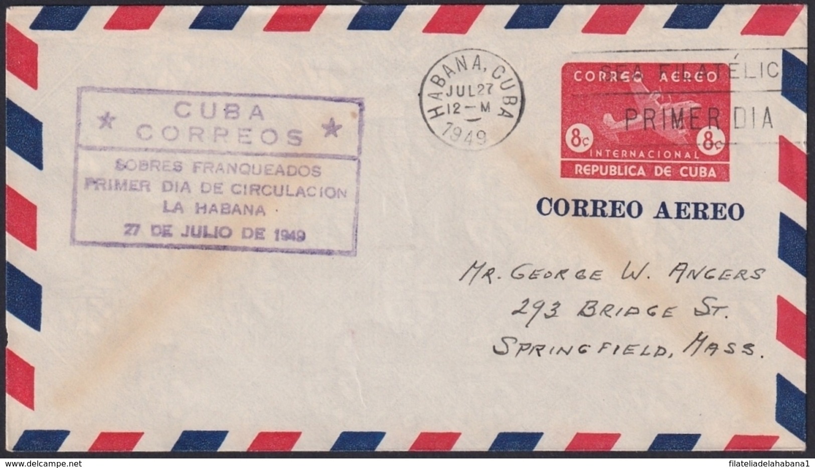 1949-EP-167 CUBA REPUBLICA 1949 POSTAL STATIONERY Ed.98. 2c SUPERCONSTELLATION AVION AIR MAIL. FDC VIOLET CANCEL - Other & Unclassified