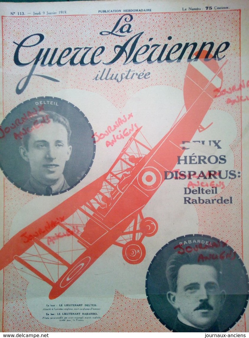 1919 LA GUERRE AÉRIENNE ILLUSTRÉE N° 113 - DEUX HÉROS DISPARUS - COMMANDANT DE GOYS - L'AVIATION APRÉS LA GUERRE - 1900 - 1949