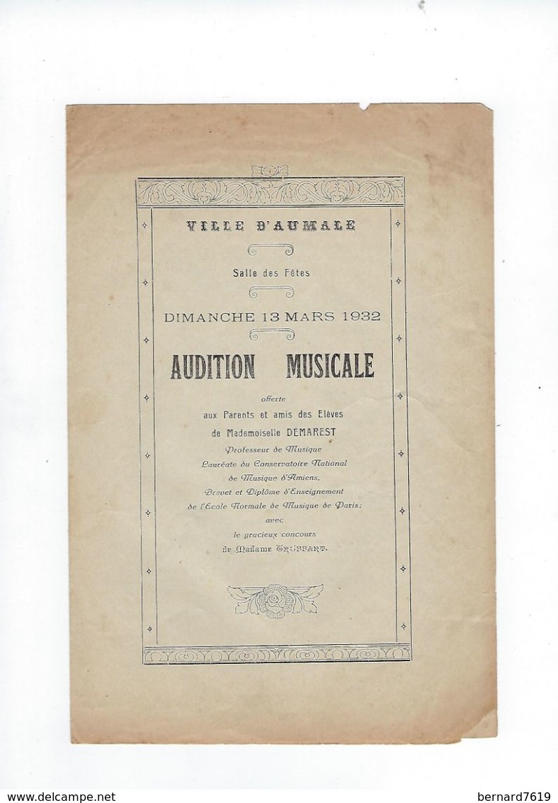 Document Commercial Musique 76 Aumale    Audition Musicale  Annee 1932 - Afiches & Pósters