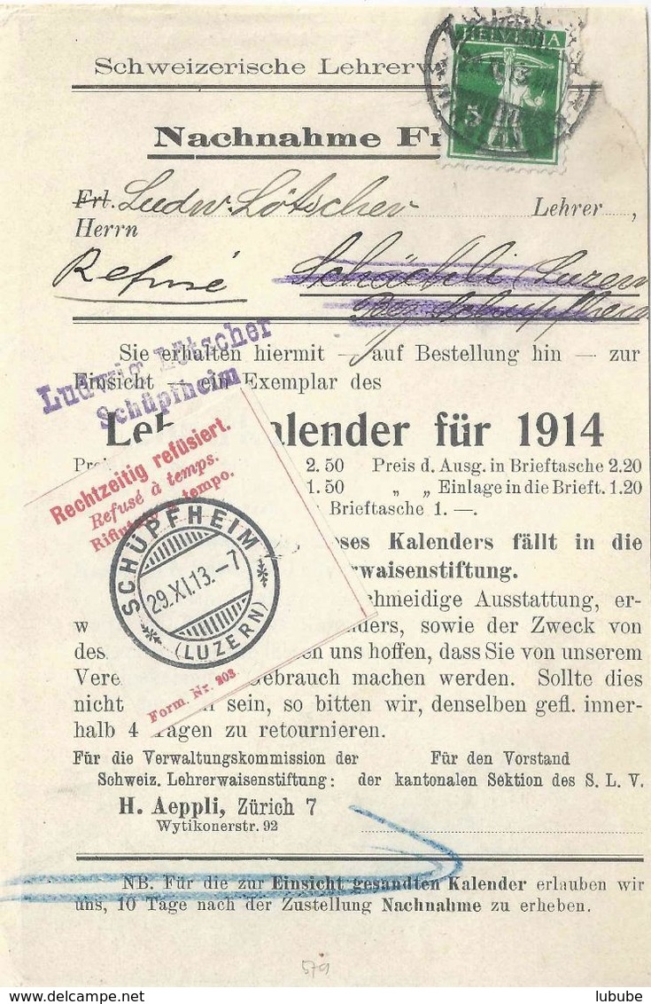 NN Streifbandvs  "Lehrerkalender 1914, Zürich" - Schächli Schüpfheim  (Form 203)        1913 - Lettres & Documents