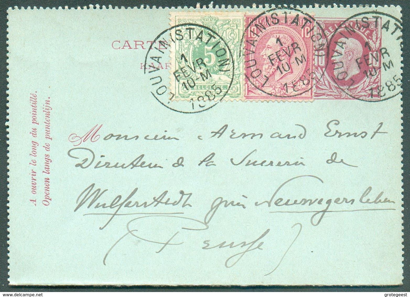 N°45/46 - 5 Et 10c. En Affr. Compl. Sur E.P. Carte-lettre 10c. Obl. Sc LOUVAIN (STATION) du 1 Févr. 1885 Vers La Prusse. - Cartes-lettres