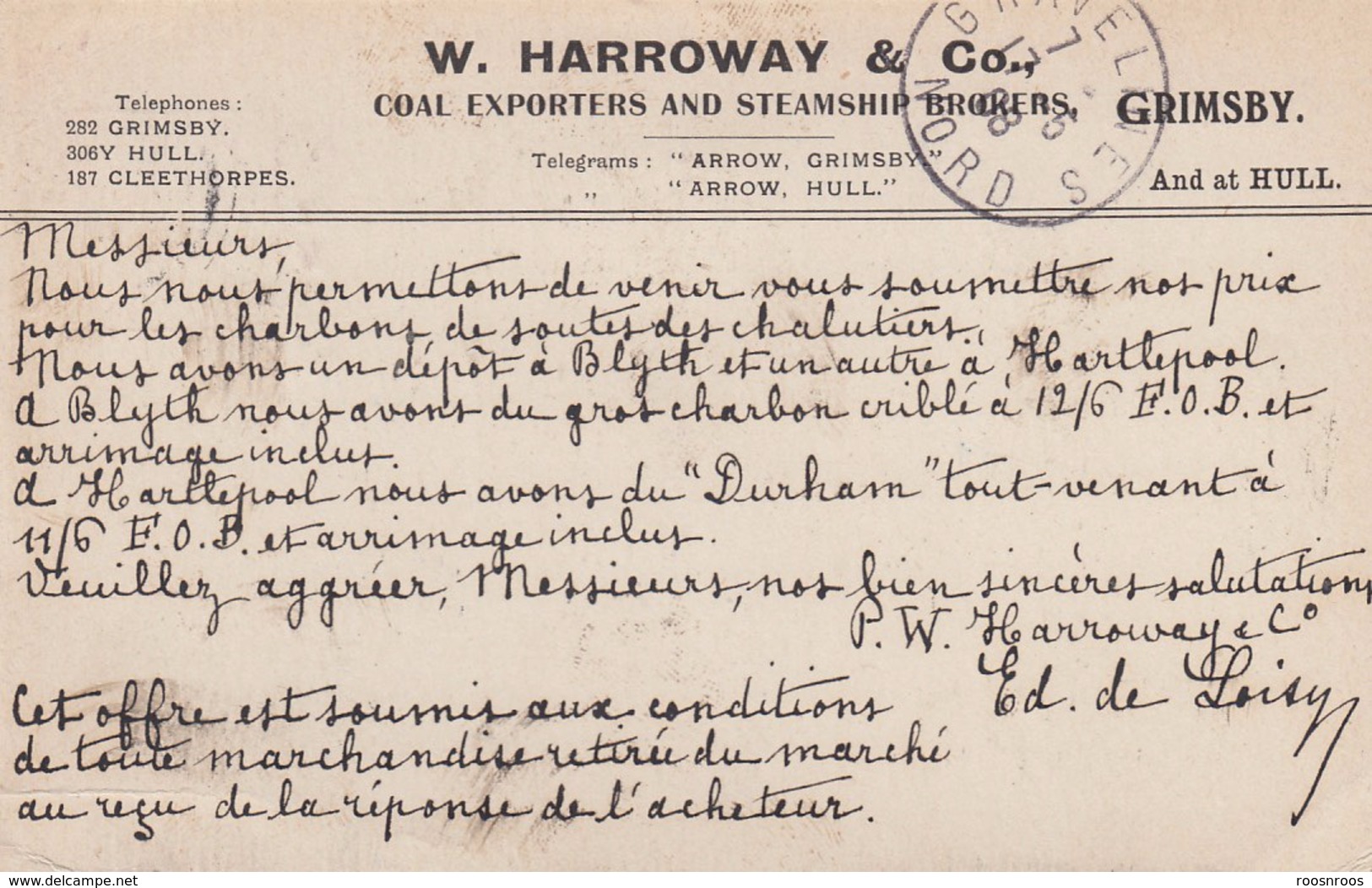 GRANDE BRETAGNE 1908 - CARTE HARROWAY & CO GRIMSBY POUR PECHERIES GRAVELINES - CHARBONS DE SOUTES - Storia Postale