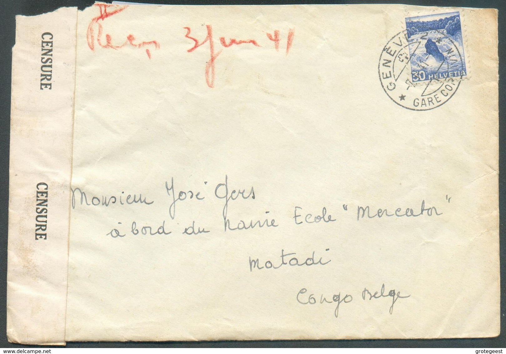 SUISSE N°295 - 30c. Obl. Dc GENEVE sur Lettre Du 7-II-1941 Vers Matadi (à Bord Du Navire école 'Mercator') Avec Bande De - Gebruikt
