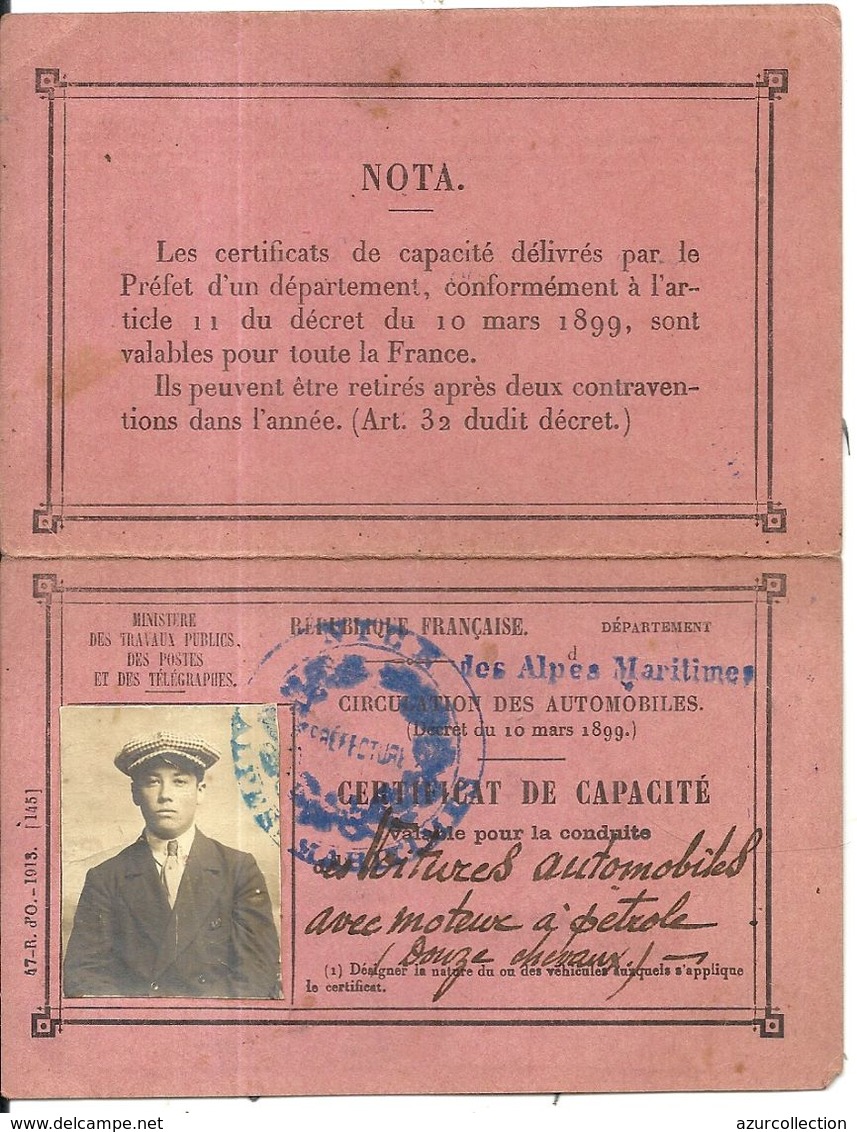 NICE . 1913 . PERMIS DE CONDUIRE AUTOMOBILES AVEC MOTEUR A PETROLE - Voitures