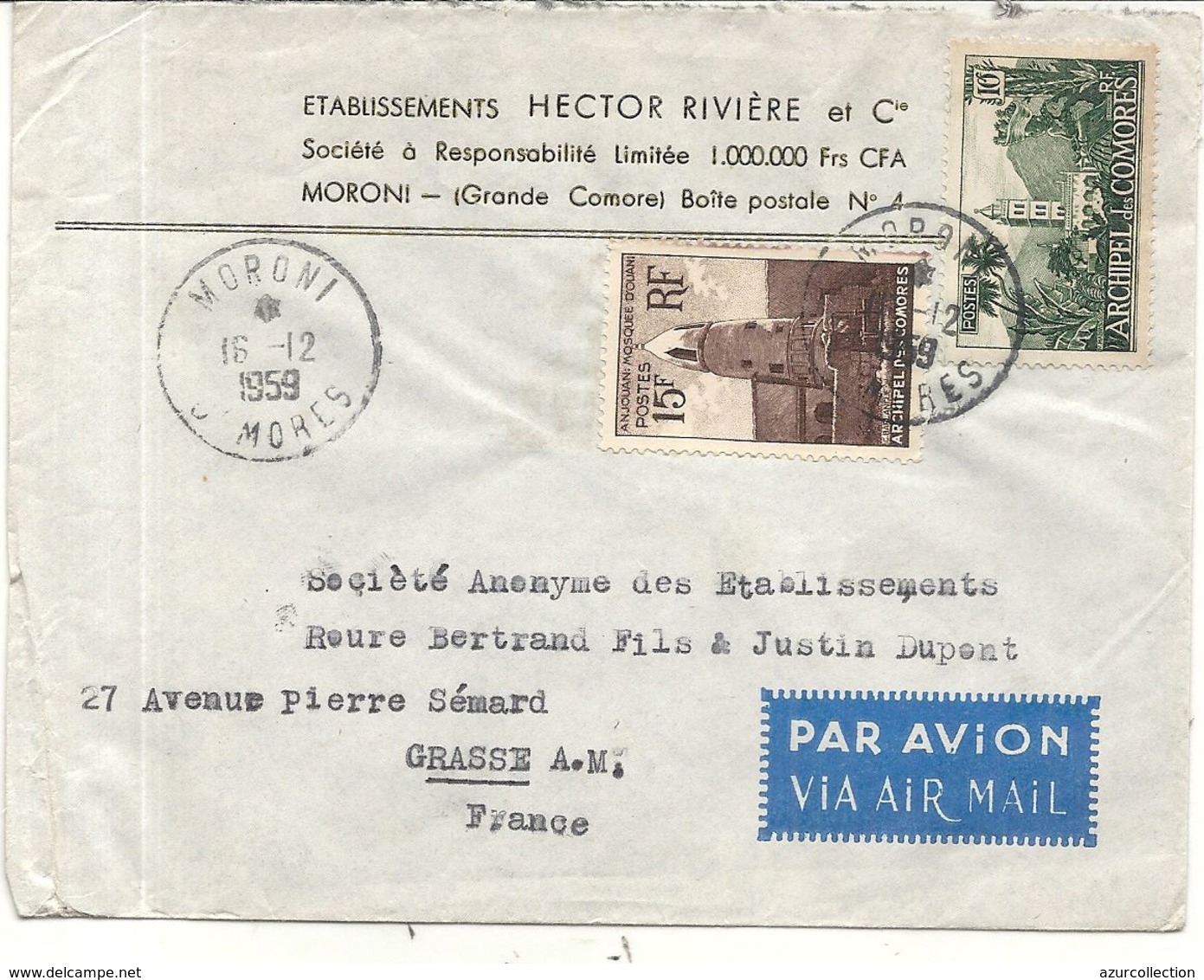 LETTRE DE MORONI PAR AVION POUR ROURE BERTRAND A GRASSE - Brieven En Documenten