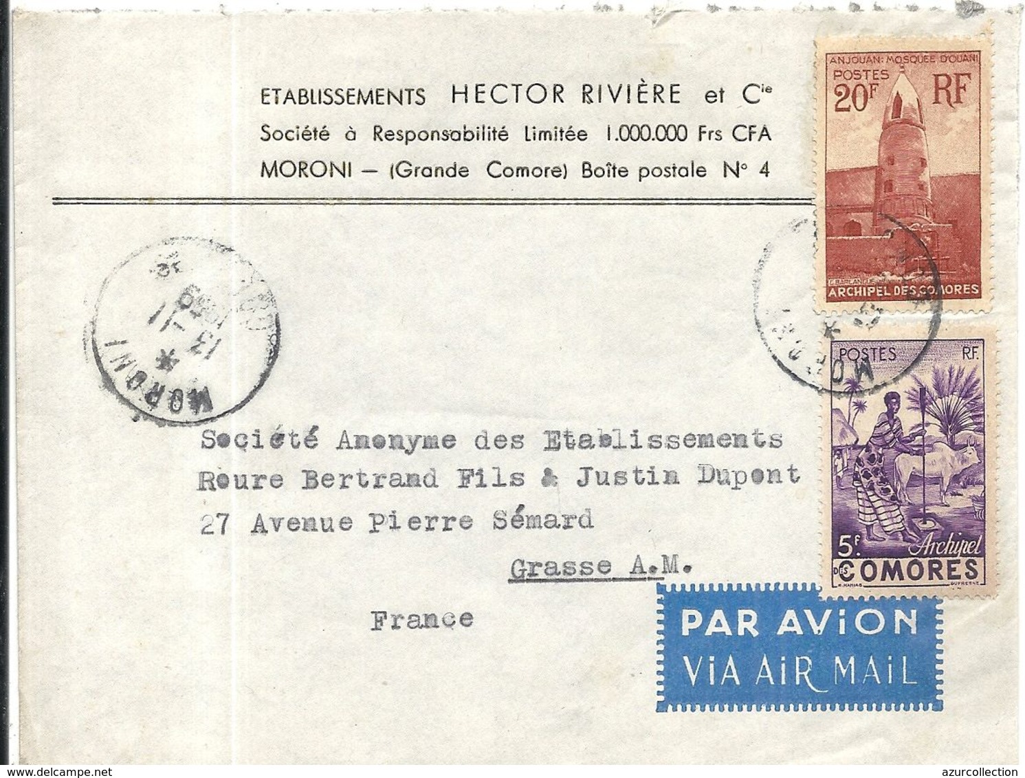 LETTRE DE MORONI PAR AVION POUR ROURE BERTRAND A GRASSE - Lettres & Documents