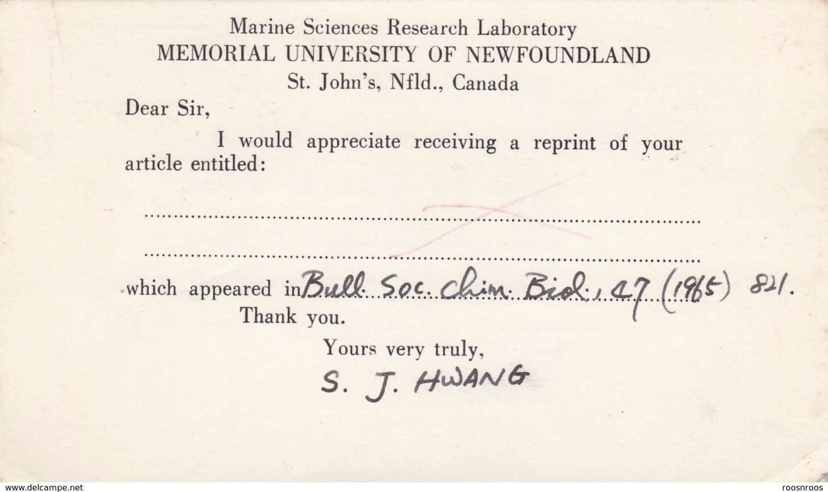 CANADA NEWFOUNDLAND TERRE-NEUVE 1970 - OBLITERATION MECANIQUE SUR CARTE MARINE SCIENCES LABORATORY - ST JOHN'S - Altri & Non Classificati