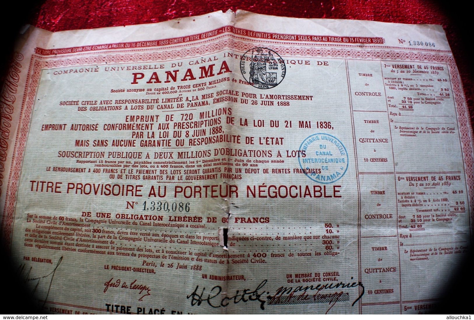 1888 Action & Titre Thème Navigation COMPAGNIE UNIVERSELLE DU CANAL INTEROCÉANIQUE DE PANAMA+FISCAUX+VIGNETTE CONTRÔLE - Navigation