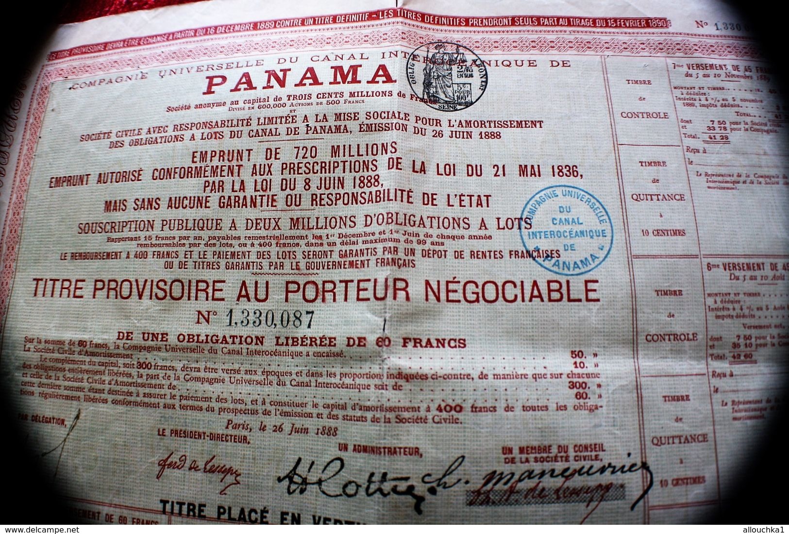 1888 Action & Titre Thème Navigation COMPAGNIE UNIVERSELLE DU CANAL INTEROCÉANIQUE DE PANAMA+FISCAUX+VIGNETTE CONTRÔLE - Navigazione