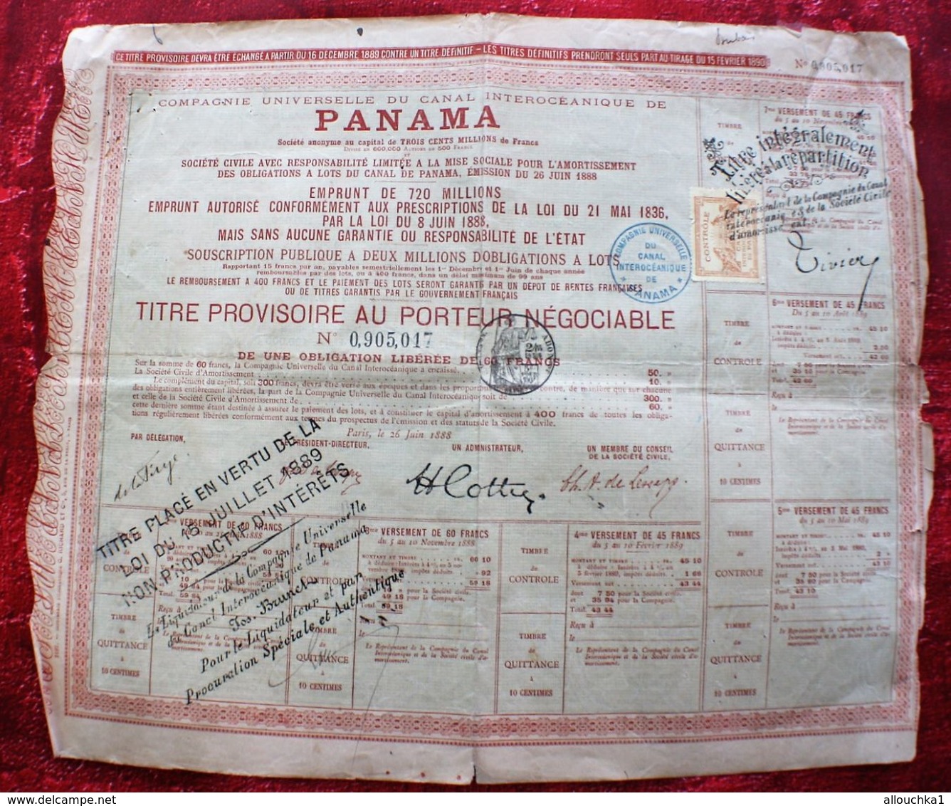 1888 Action & Titre Thème Navigation COMPAGNIE UNIVERSELLE DU CANAL INTEROCÉANIQUE DE PANAMA+FISCAUX+VIGNETTE CONTRÔLE - Navigation