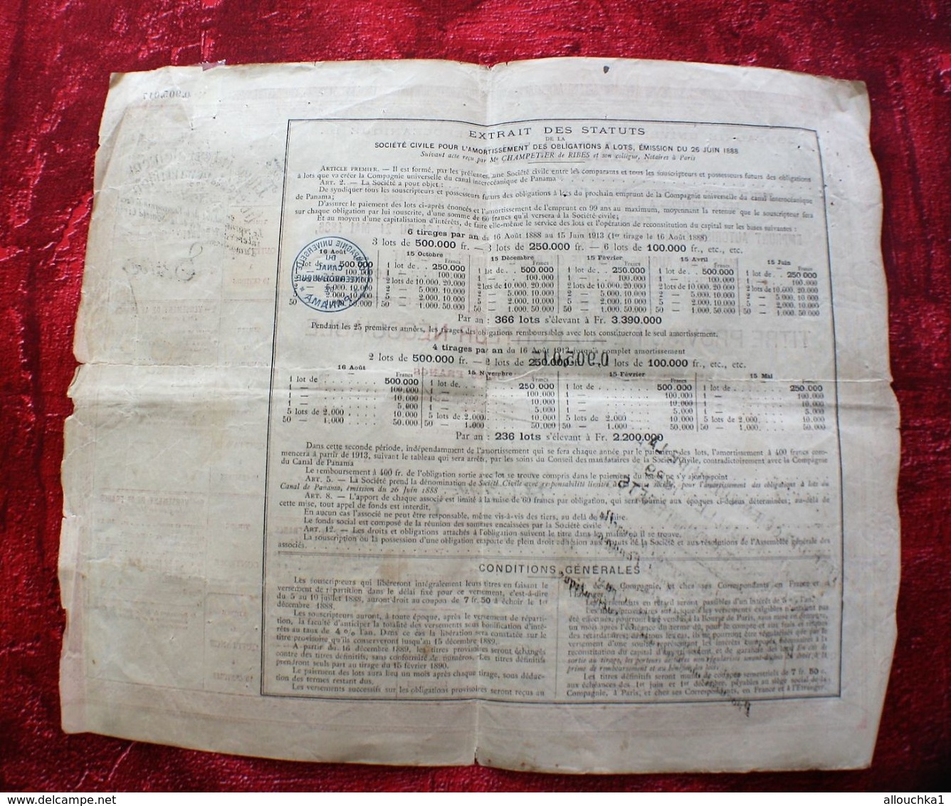 1888 Action & Titre Thème Navigation COMPAGNIE UNIVERSELLE DU CANAL INTEROCÉANIQUE DE PANAMA+FISCAUX+VIGNETTE CONTRÔLE - Navigazione