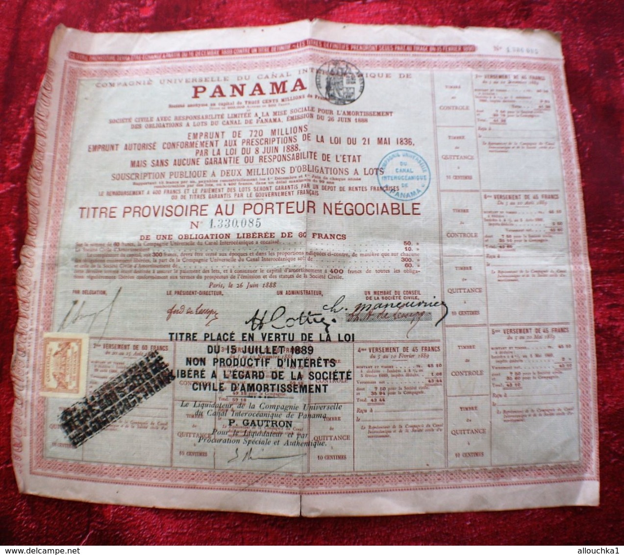 1888 Action & Titre Thème Navigation COMPAGNIE UNIVERSELLE DU CANAL INTEROCÉANIQUE DE PANAMA+FISCAUX+VIGNETTE CONTRÔLE - Navigation