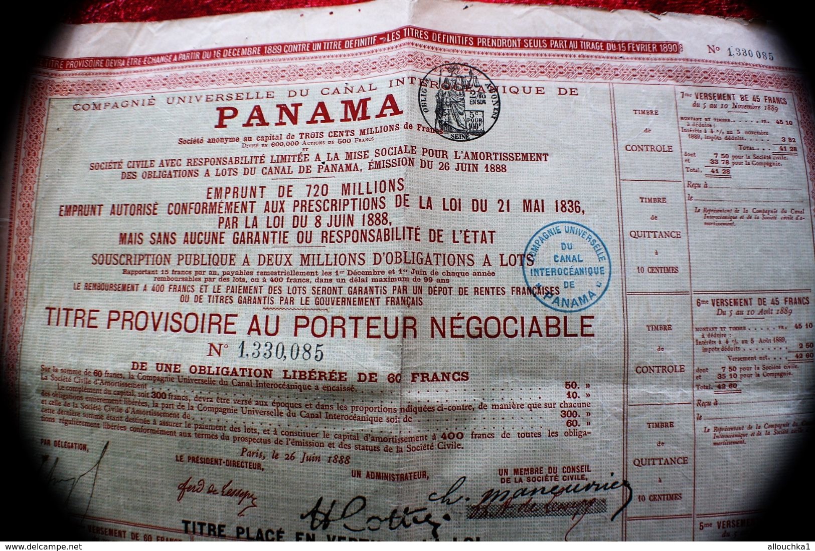 1888 Action & Titre Thème Navigation COMPAGNIE UNIVERSELLE DU CANAL INTEROCÉANIQUE DE PANAMA+FISCAUX+VIGNETTE CONTRÔLE - Navigazione