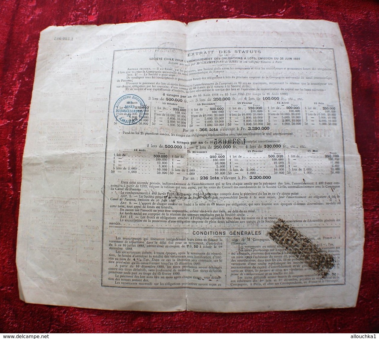 1888 Action & Titre Thème Navigation COMPAGNIE UNIVERSELLE DU CANAL INTEROCÉANIQUE DE PANAMA+FISCAUX+VIGNETTE CONTRÔLE - Navigation